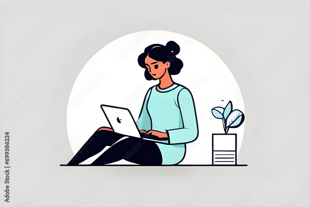 Minimalist style character, of a woman using a laptop, in 2D format, with shadows and highlights, simple shapes, isolated white background. Minimalist style character, of a woman using a laptop, in 2D format, with shadows and highlights, simple shapes, isolated white background.