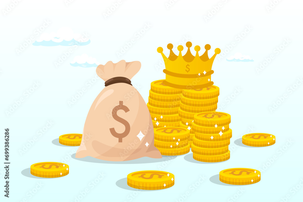 Stack of money dollar coins and money bag with precious king golden crown, cash is king, money is the best value in crisis or investor prepare cash to buy stock in economic crisis (Vector) Stack of money dollar coins and money bag with precious king golden crown, cash is king, money is the best value in crisis or investor prepare cash to buy stock in economic crisis (Vector)
