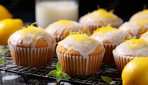 Freshly baked lemon muffin with creamy icing generated by AI