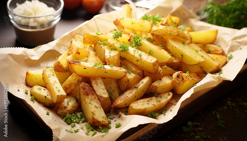 Freshly prepared potato wedges, cooked to perfection generated by AI photo