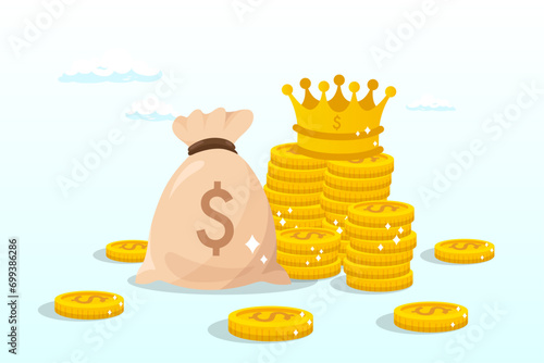 Stack of money dollar coins and money bag with precious king golden crown, cash is king, money is the best value in crisis or investor prepare cash to buy stock in economic crisis (Vector)