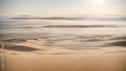 A blanket of fog settling over a sea of sand dunes Generative AI