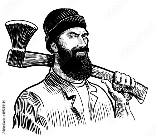 Canadian lumberjack with axe. Hand-drawn black and white illustration photo