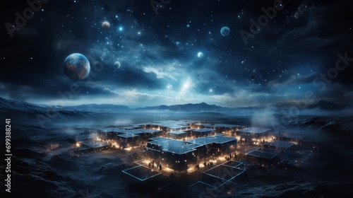 Science Fiction Cityscape with Stars and Planets