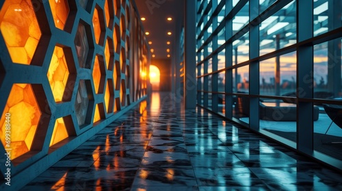 Modern Architectural Corridor with Geometric Patterns at Sunset