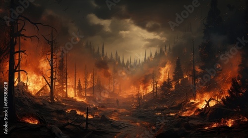 Photographie Devastating Wildfire Engulfing Forest at Night