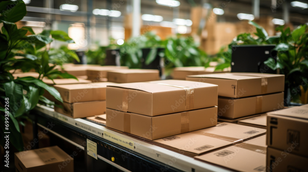 Packaging Boxes in Plant-Filled Warehouse Packaging Boxes in Plant-Filled Warehouse