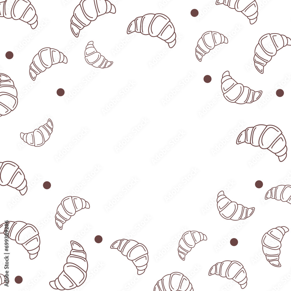 Vector illustration. Contour pattern. Cakes, donuts, croissants, macarons in sketch style. Hand drawn food elements. Desserts and sweets food doodle background with copy space for text.