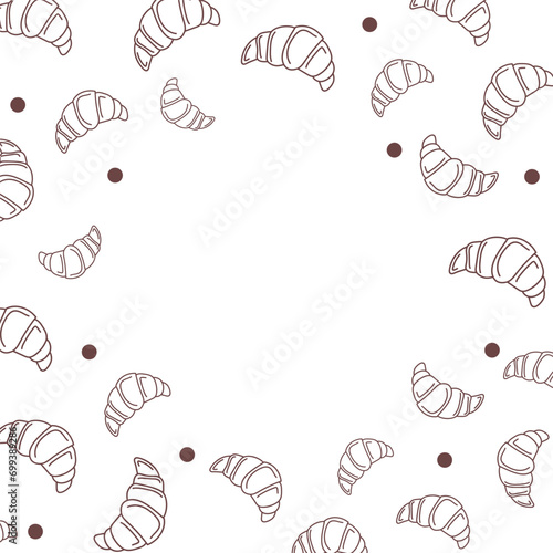 Vector illustration. Contour pattern. Cakes, donuts, croissants, macarons in sketch style. Hand drawn food elements. Desserts and sweets food doodle background with copy space for text. © Alena Lauretskaia