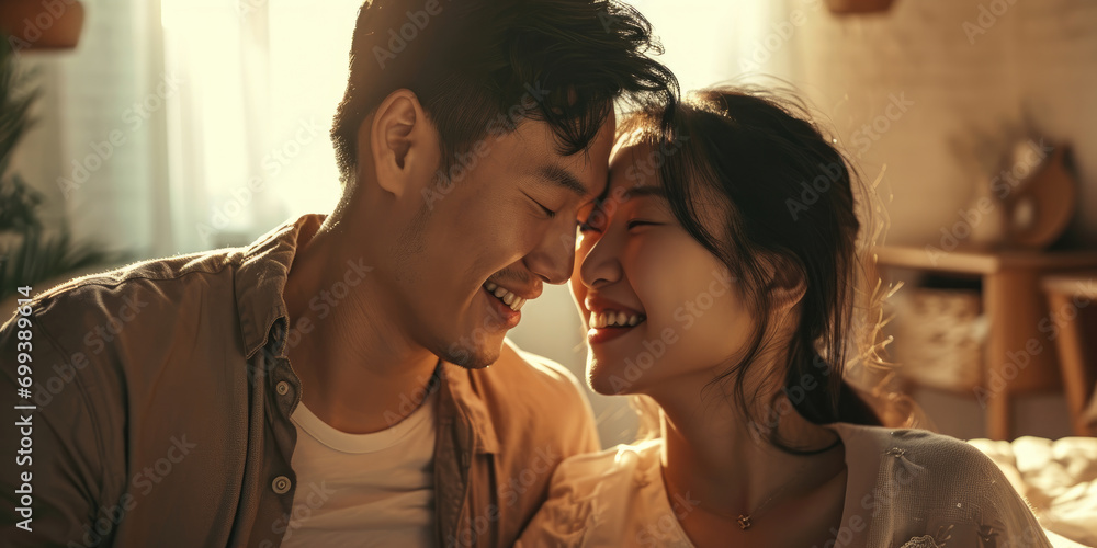 Close up of asian young couple embracing romance of lovers in happy relationship Close up of asian young couple embracing romance of lovers in happy relationship