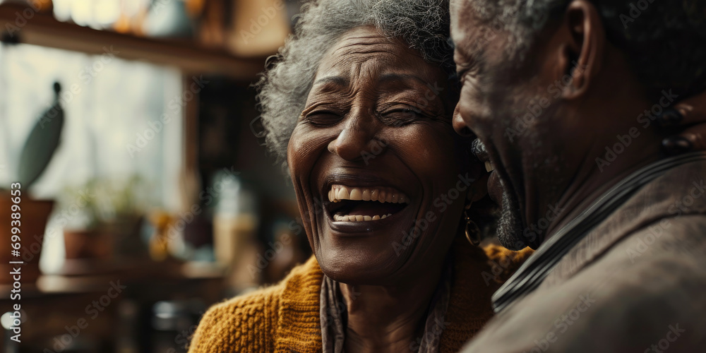 Close up of african american senior couple embracing romance of lovers in happy relationship - obrazy, fototapety, plakaty 