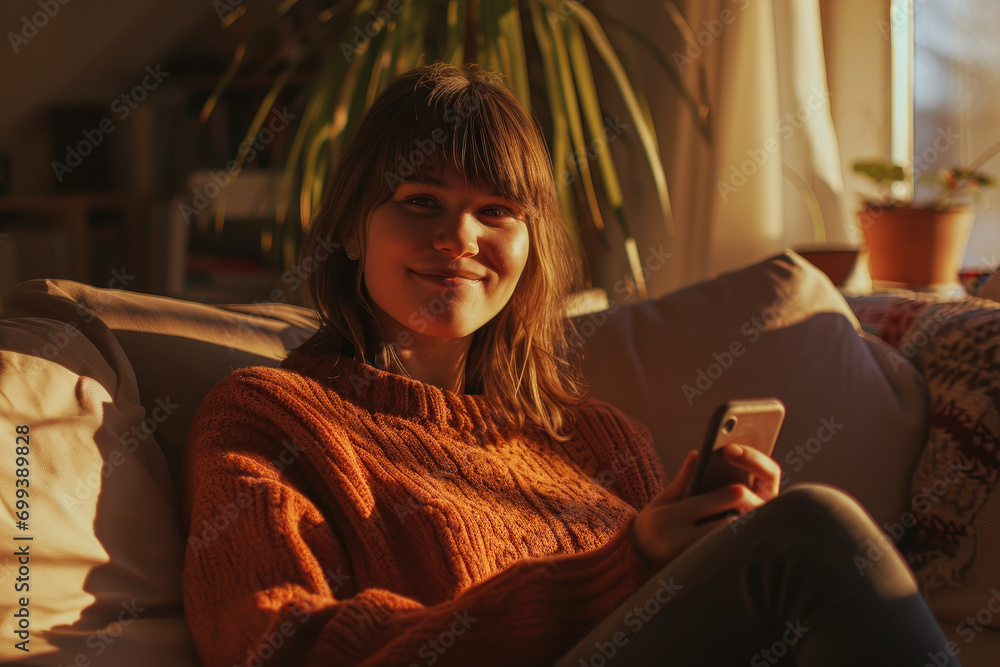 Portrait of beautiful happy young woman using her smart phone relaxing sitting on a sofa in living room Portrait of beautiful happy young woman using her smart phone relaxing sitting on a sofa in living room