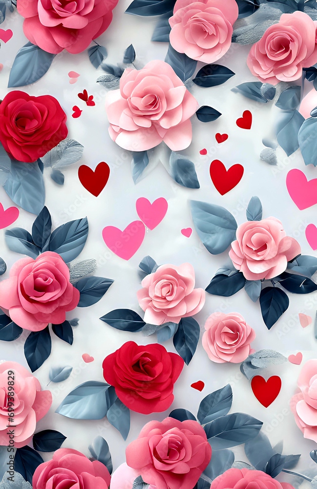 Naklejka premium Vertical Love romantic Valentine's Day wallpaper with a painting-style pattern of red and pink roses and small hearts on a pastel blue surface