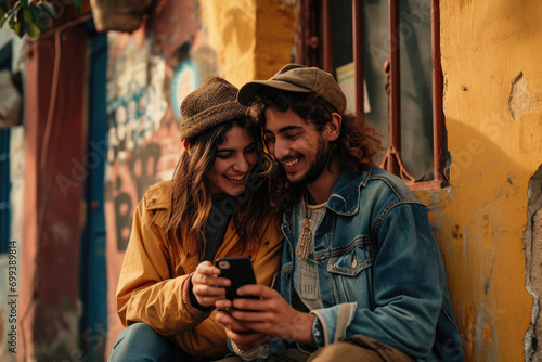 Happy smiling young couple using smart phone having fun in the street town
