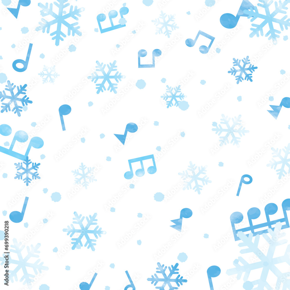 水色の雪の結晶と音符の背景・壁紙_正方形