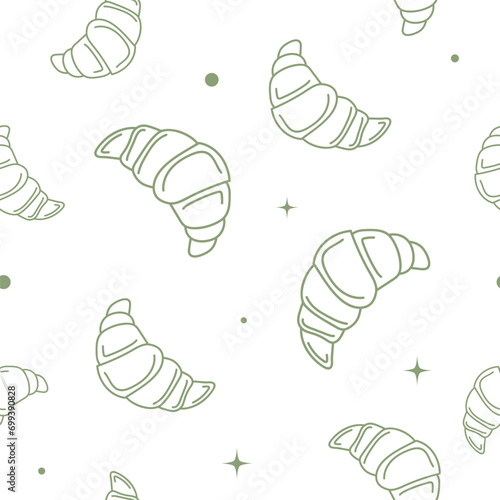 Vector illustration. Contour seamless pattern with cute croissant sketch style. Hand drawn food elements. Desserts and sweets festive pattern for textiles, wallpaper, packaging, wrapping paper.
