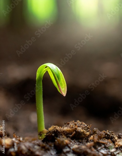 Green young sprouts begin to emerge from the soil. Beginning of spring