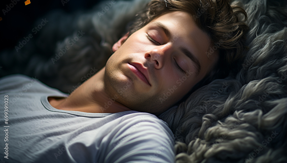 A peaceful man resting on a comfortable bed generated by AI A peaceful man resting on a comfortable bed generated by AI
