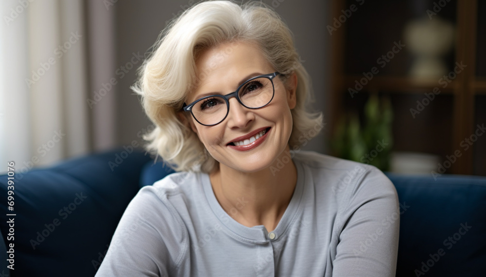 Smiling adult woman looking at camera, relaxed and happy generated by AI Smiling adult woman looking at camera, relaxed and happy generated by AI