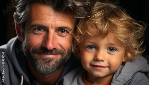 Smiling family portrait, child and adult men generated by AI
