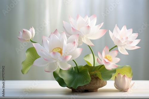 art of arranging flowers  very beautiful white pink lotus flowers in a vase on the table with a light background