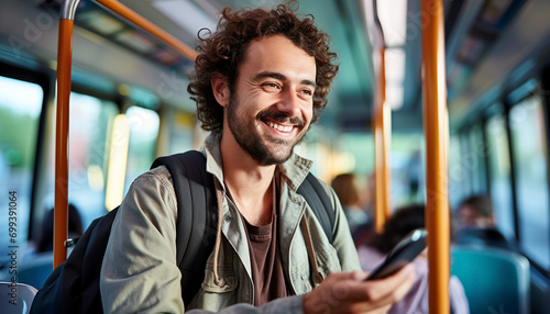Smiling man on subway, holding smartphone, looking happy generated by AI