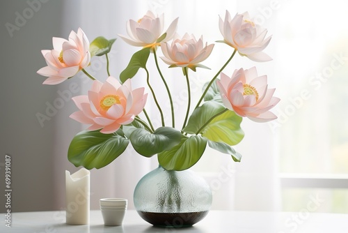 art of arranging flowers  very beautiful white pink lotus flowers in a vase on the table with a light background