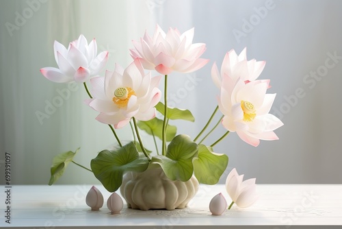 art of arranging flowers  very beautiful white pink lotus flowers in a vase on the table with a light background