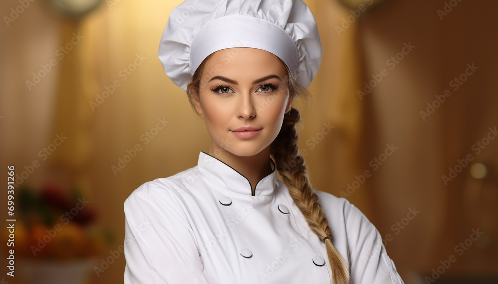 Smiling chef, young adult, cooking delicious gourmet meal generated by AI Smiling chef, young adult, cooking delicious gourmet meal generated by AI