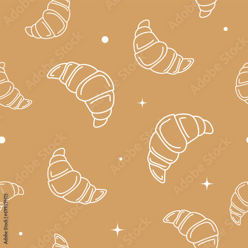 Wallpaper Mural Vector illustration. Contour seamless pattern with cute croissant sketch style. Hand drawn food elements. Desserts and sweets festive pattern for textiles, wallpaper, packaging, wrapping paper. Torontodigital.ca