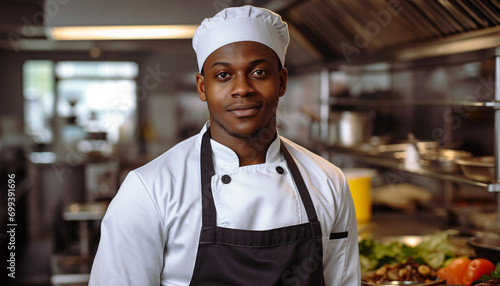 Confident African chef in commercial kitchen, smiling proudly generated by AI