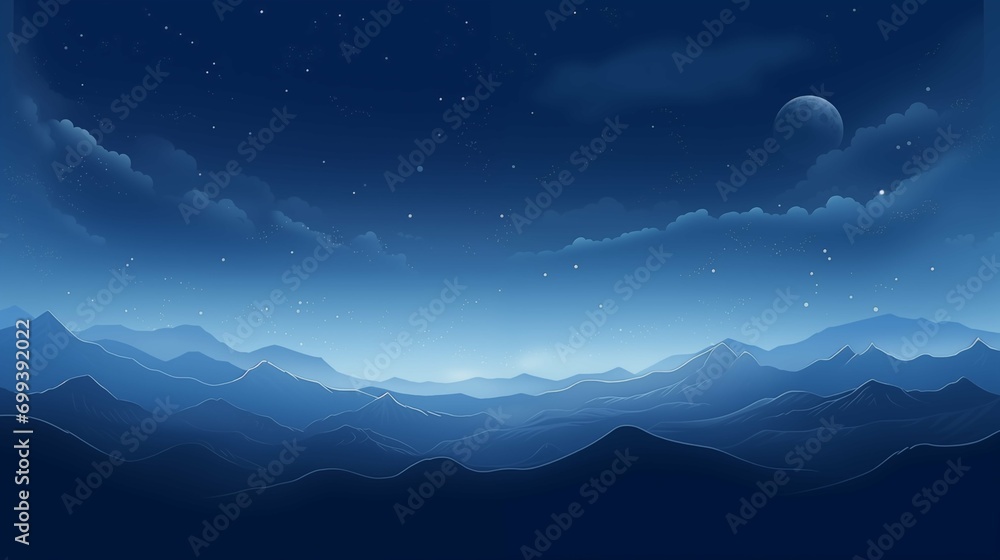 Landscape of the mountains at night with moon and stars. Vector illustration