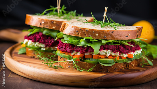 Freshness and gourmet meat on a wooden plate generated by AI