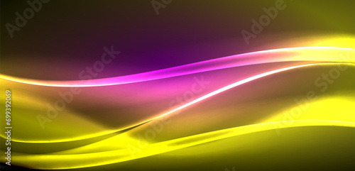 Dynamic waves in ethereal glow of neon lights. Concept merges fluidity of motion with vibrant allure of neon, crafting entrancing backdrop that embodies both vitality and futuristic sophistication