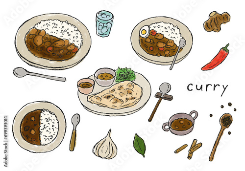 カレーライスやナンの手描きイラストセット（カラー）