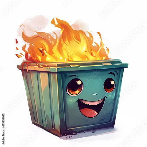 Cute Cartoon Dumpster Fire with Ironic Happy Face, Isolated on White Background