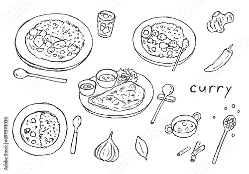 カレーライスやナンの手描きイラストセット（モノクロ）