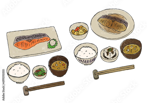 定食・和食の手描きイラストセット（カラー）