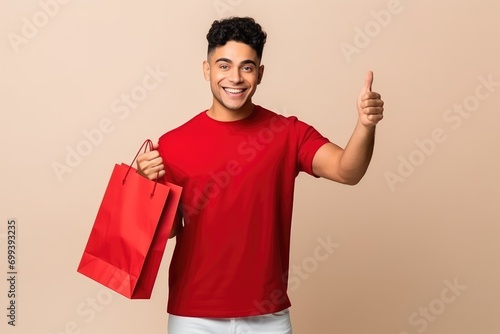 A man holding a red shopping bag giving a thumbs up