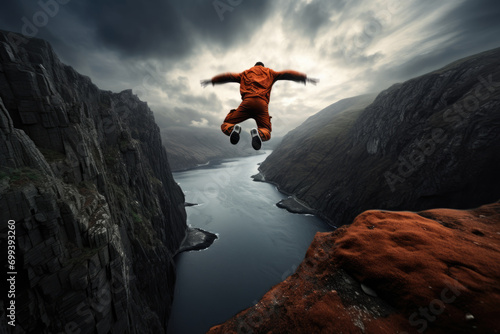 A person jumping off a cliff into the air photo