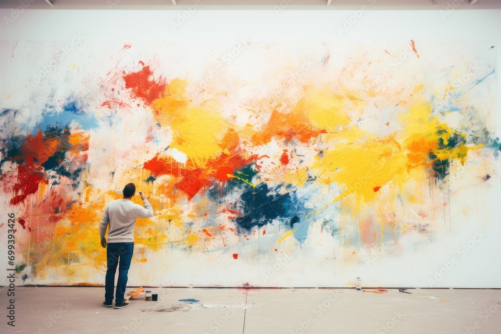 A man standing in front of a large painting