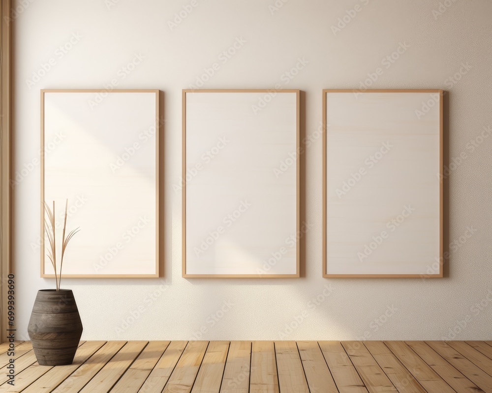 An empty room with three frames on the wall An empty room with three frames on the wall