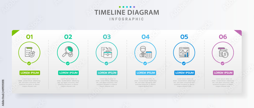Infographic template for business. 6 Steps Modern Timeline diagram with roadmap and rectangle topic charts, presentation vector infographic.