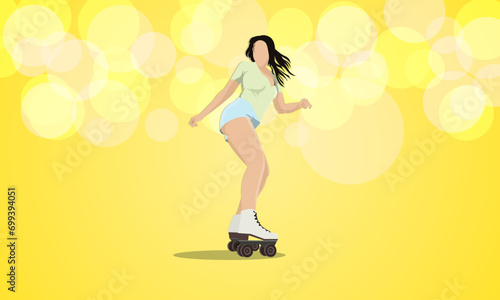 A girl on roller skates. Abstract circles of different transparency on a yellow background.