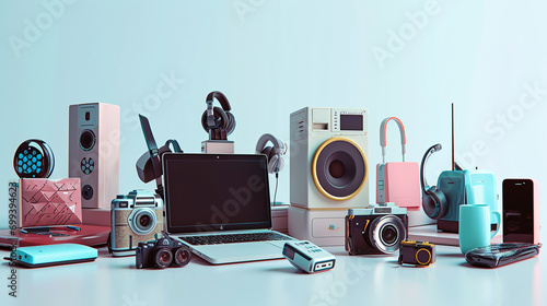 An assemblage of contemporary gadgets and electronic devices showcased in a 3D illustration against a white background. A set of vector illustration icons. photo