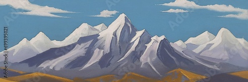 Mountain landscape. Minimalism. High mountains. Oil painting on canvas. Painted with brush and paint.