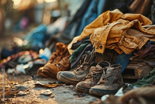 A pile of discarded old clothes and shoes in the middle of a slum