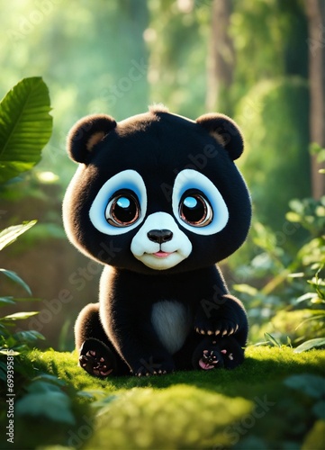 A cute black baby panda with big eyes 