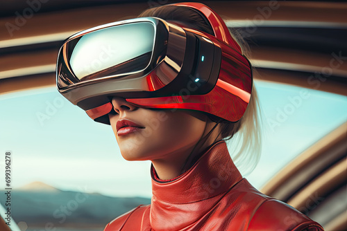 A woman is wearing virtual reality glasses, retro futurism, © ebhanu