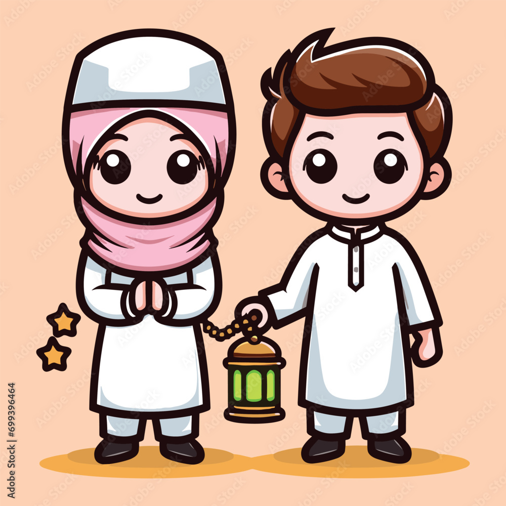 Free vector cute Muslim Eid Fitr celebrating greeting